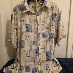 Batik Bay Men's Casual Hawaiian Style Button-Down Shirt - Blue and Cream